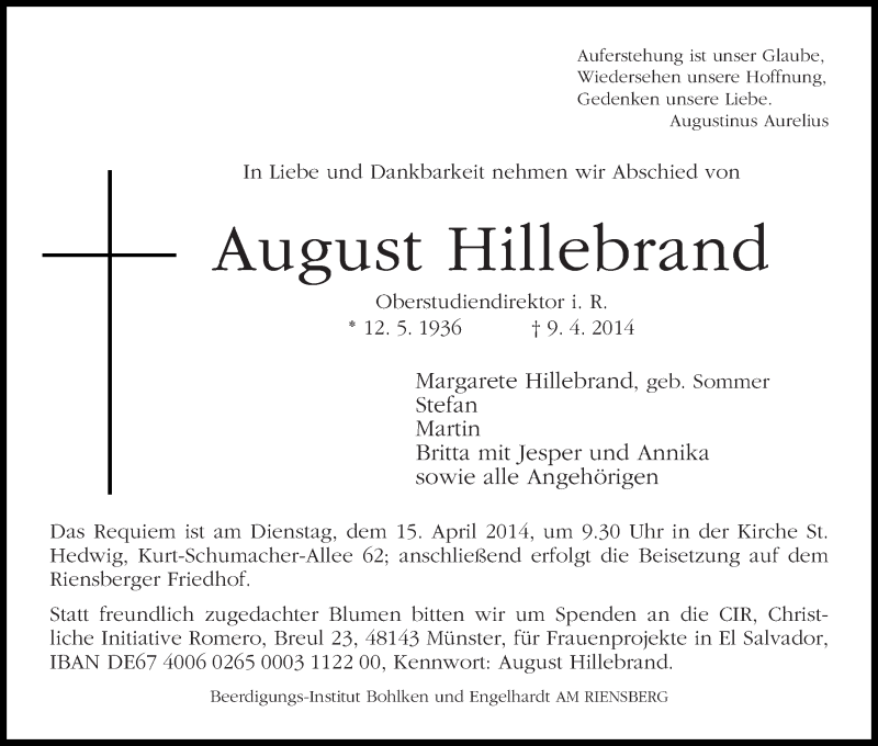 Traueranzeige von August Hillebrandt von WESER-KURIER