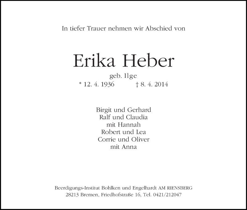 Traueranzeige von Erika Heber von WESER-KURIER
