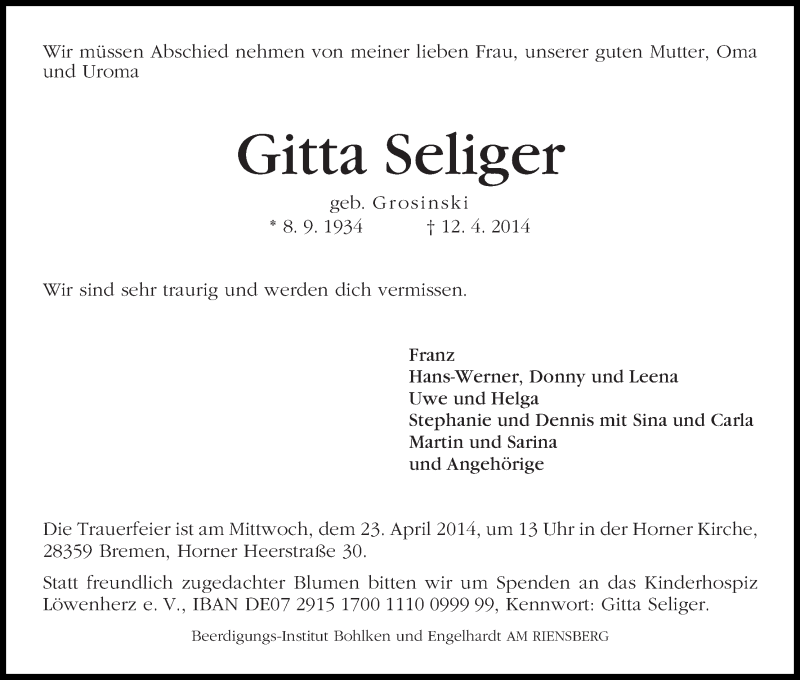 Traueranzeige von Gitta Seliger von WESER-KURIER