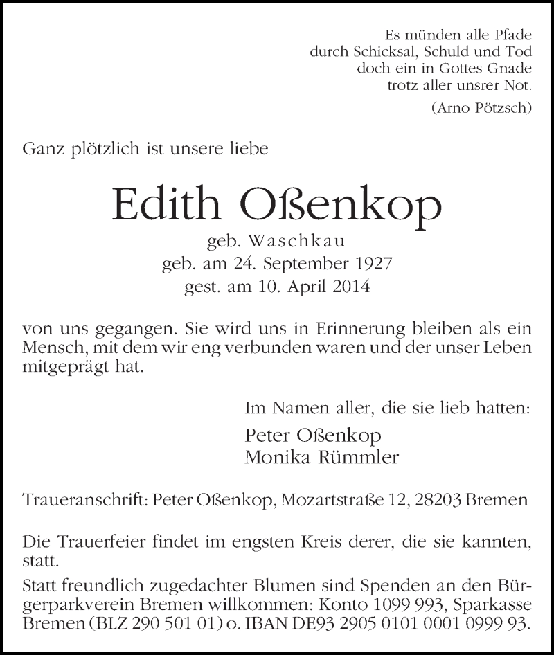 Traueranzeige von Edith Oßenkop von WESER-KURIER