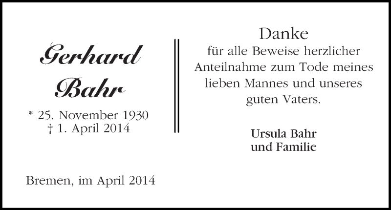 Traueranzeige von Gerhard Bahr von WESER-KURIER