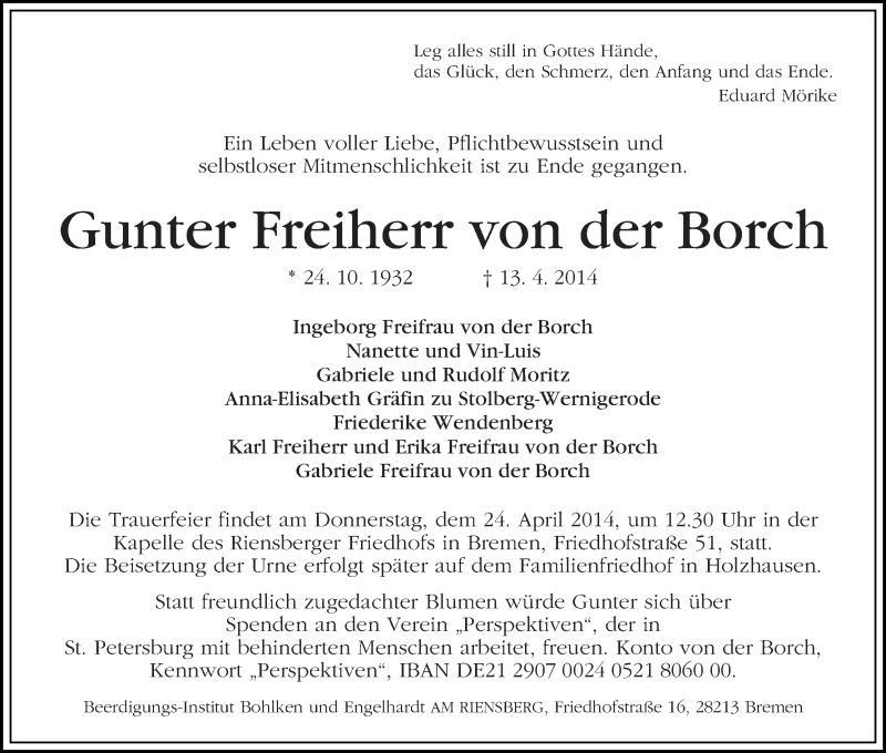 Traueranzeige von Gunter Freiherr von der Borch von WESER-KURIER