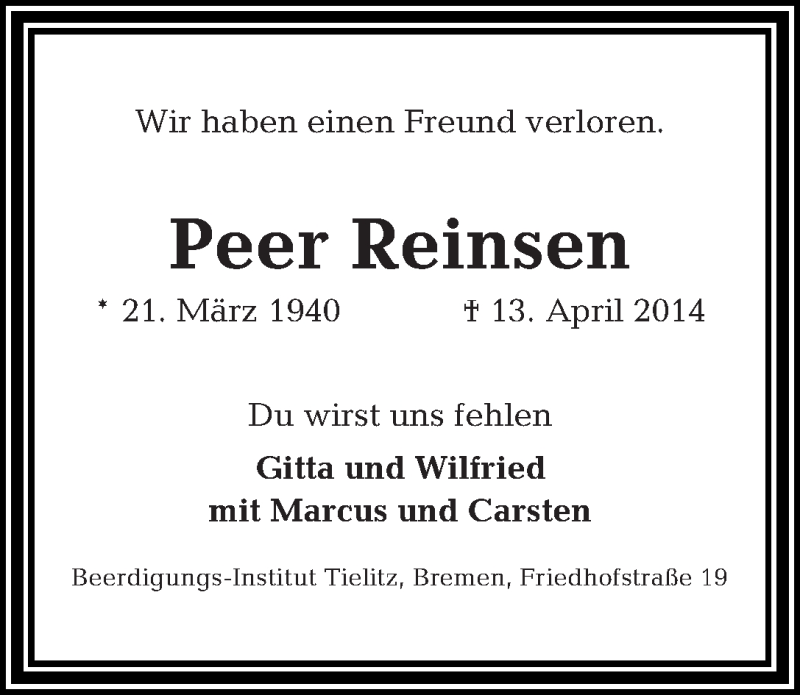 Traueranzeige von Peer Reinsen von WESER-KURIER