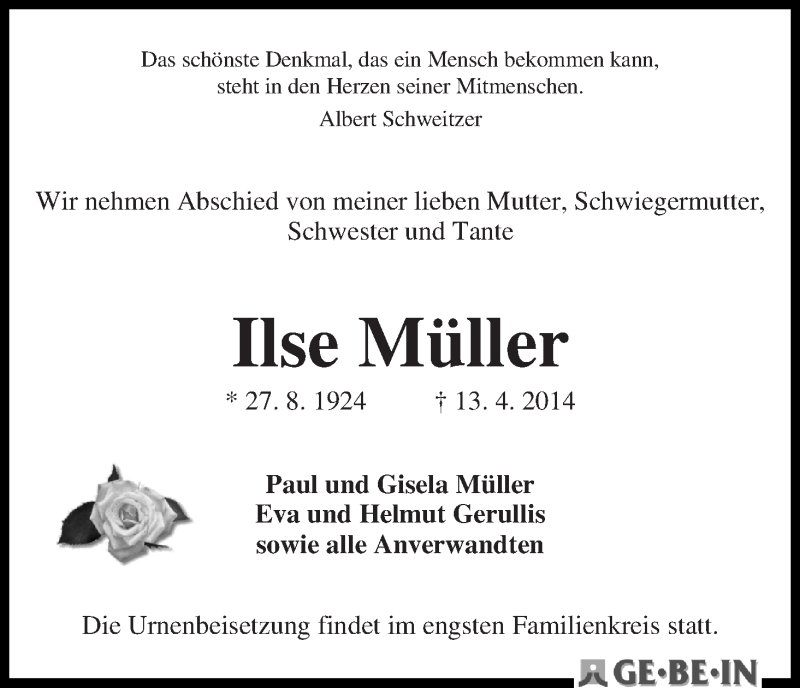 Traueranzeige von Ilse Müller von WESER-KURIER
