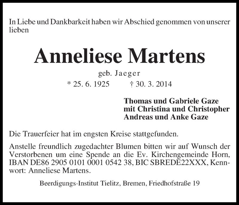 Traueranzeige von Anneliese Martens von WESER-KURIER