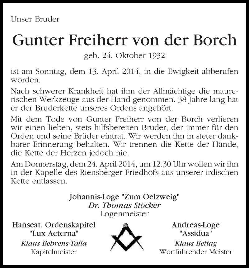 Traueranzeige von Gunter Freiherr von der Borch von WESER-KURIER