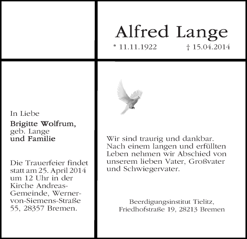 Traueranzeige von Alfred Lange von WESER-KURIER