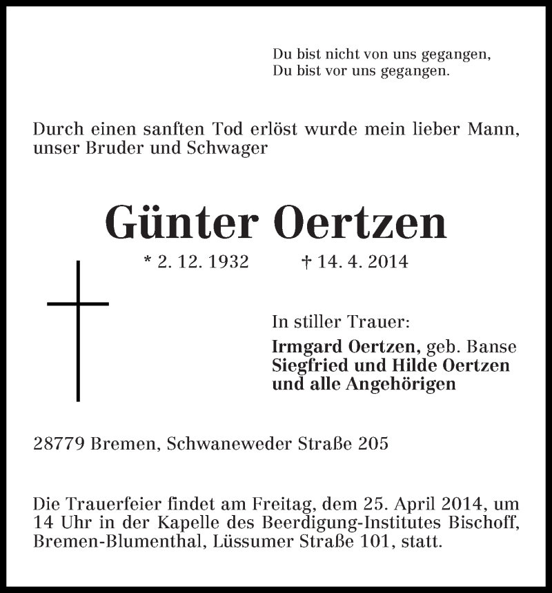Traueranzeige von Günter Oertzen von Die Norddeutsche