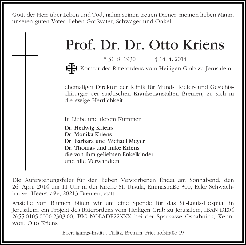 Traueranzeige von Otto Kriens von WESER-KURIER