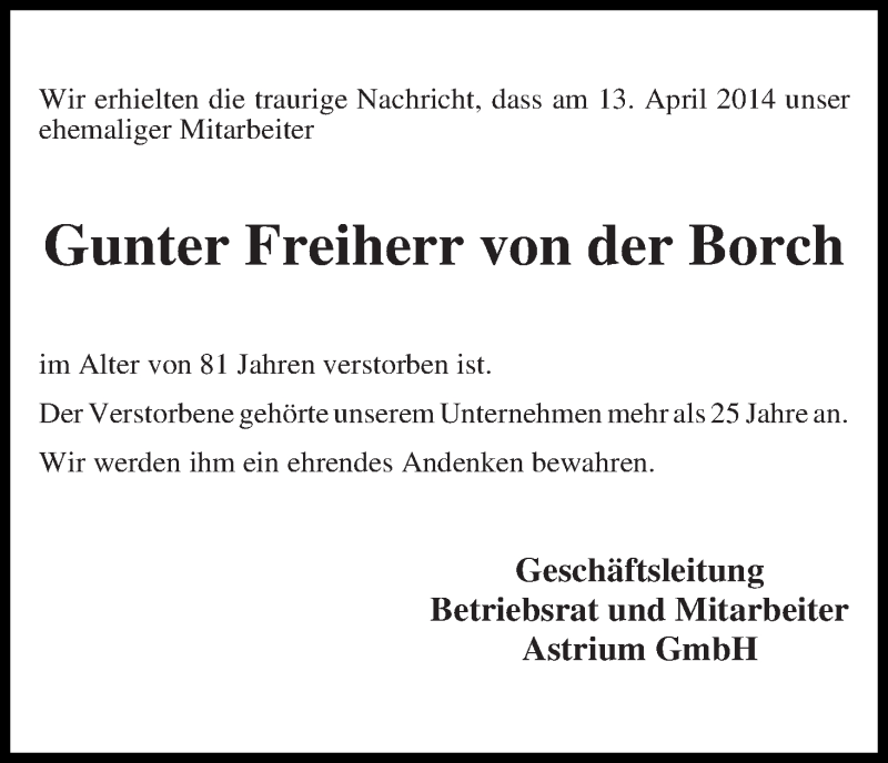 Traueranzeige von Gunter Freiherr von der Borch von WESER-KURIER
