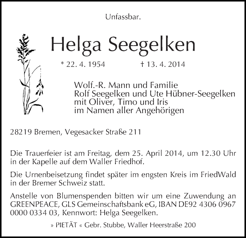 Traueranzeige von Helga Seegelken von WESER-KURIER