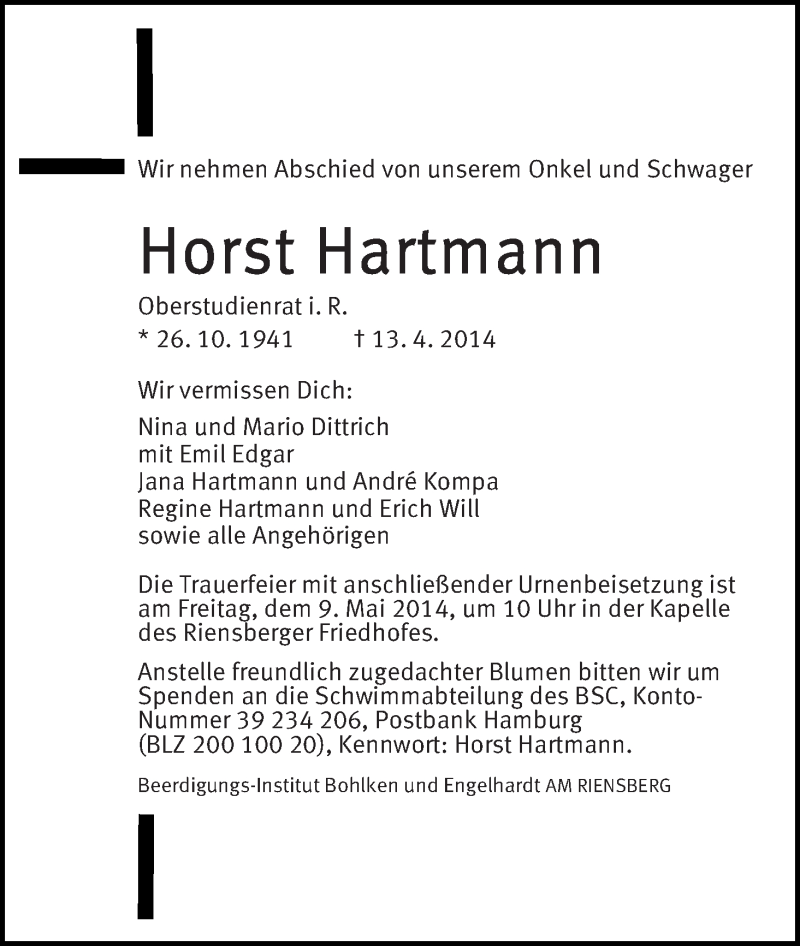 Traueranzeige von Horst Hartmann von WESER-KURIER