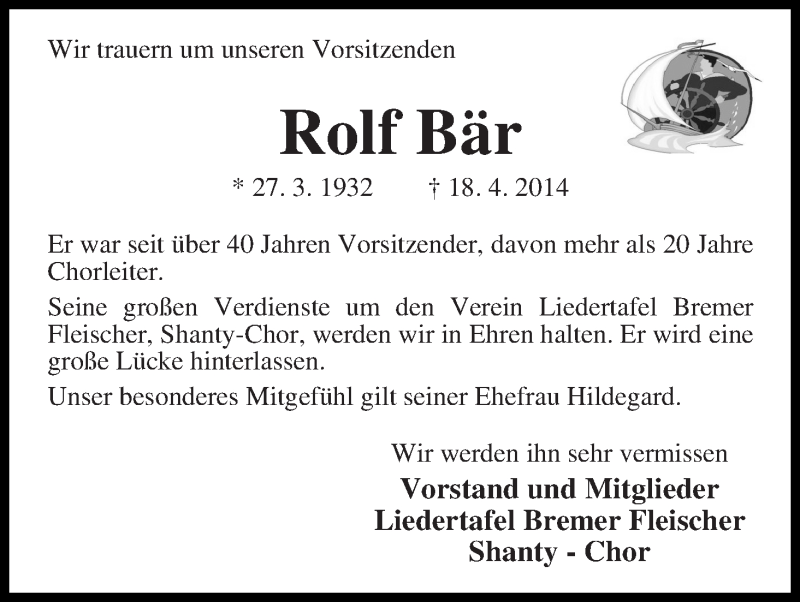 Traueranzeige von Rolf Bär von WESER-KURIER