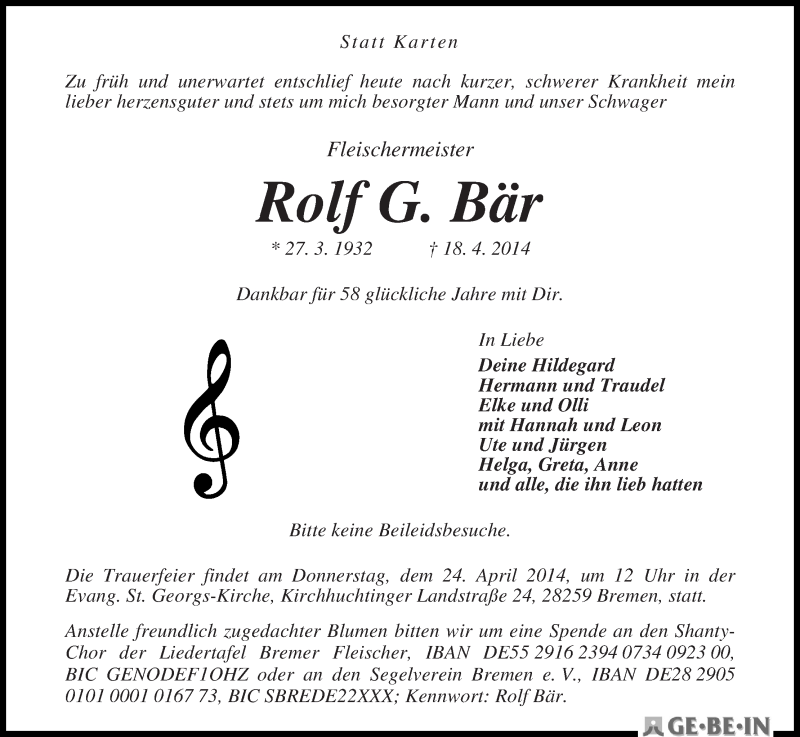 Traueranzeige von Rolf G. Bär von WESER-KURIER