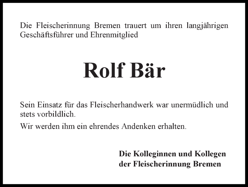 Traueranzeige von Rolf Bär von WESER-KURIER