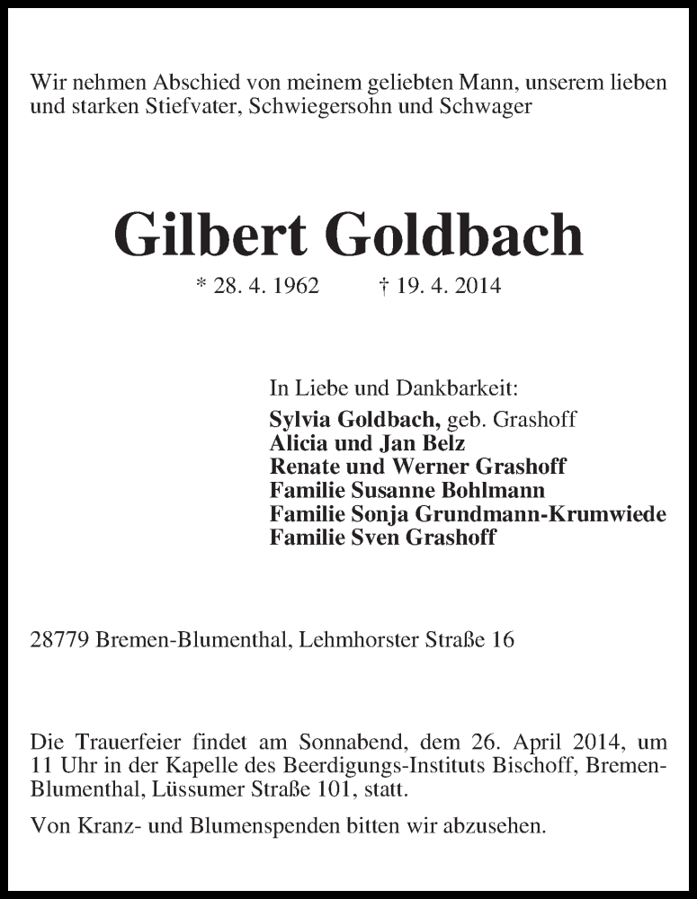 Traueranzeige von Gilbert Goldbach von Die Norddeutsche