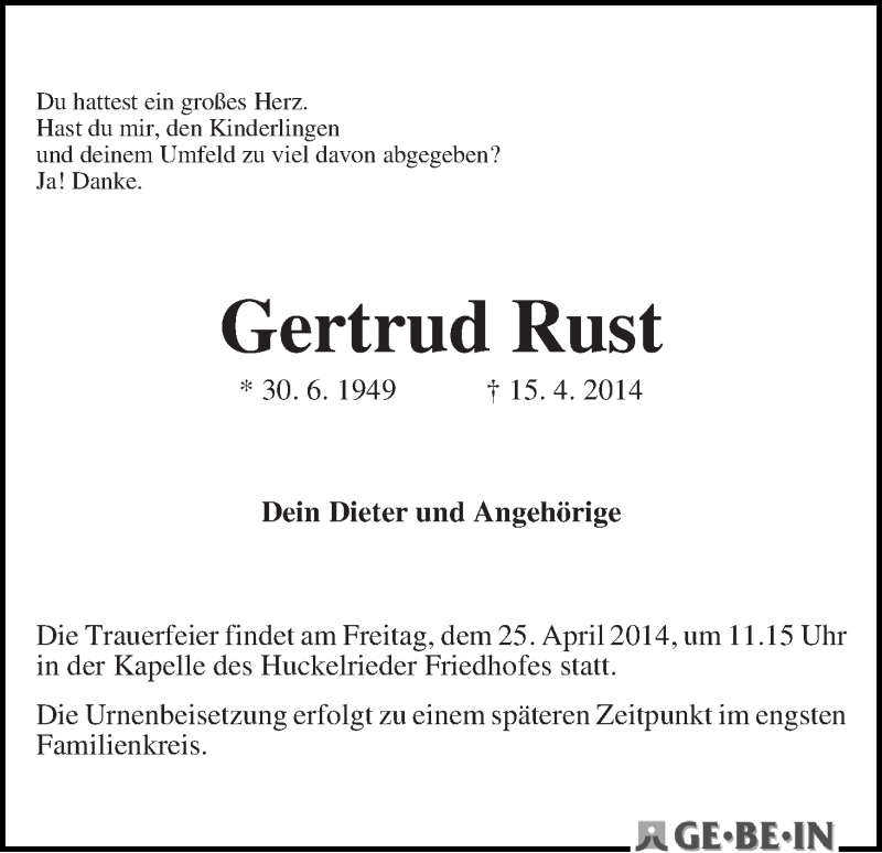 Traueranzeige von Gertrud Rust von WESER-KURIER