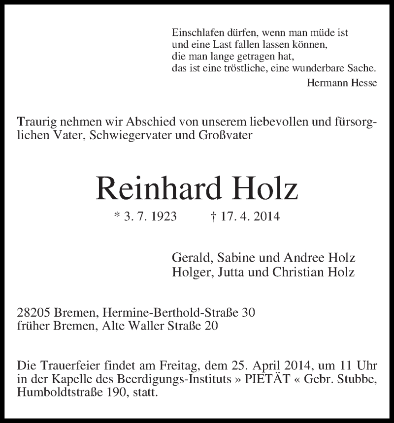 Traueranzeige von Reinhard Holz von WESER-KURIER