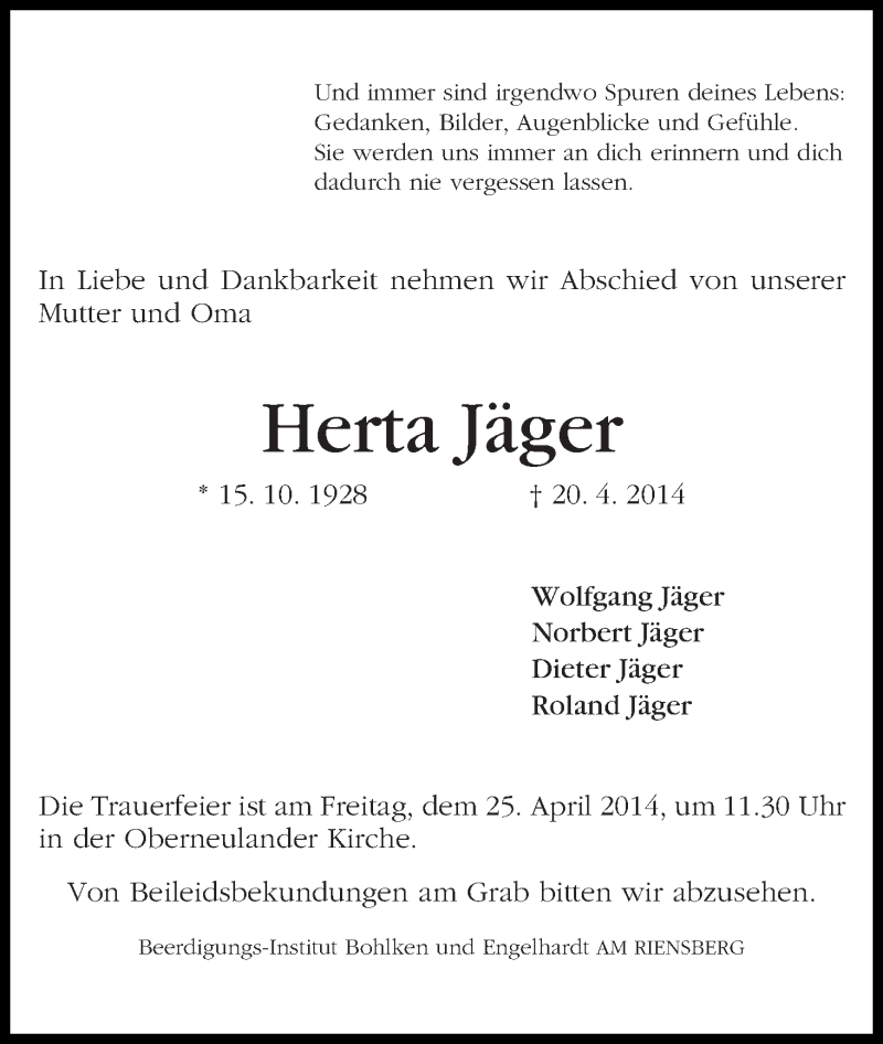 Traueranzeige von Herta Jäger von WESER-KURIER