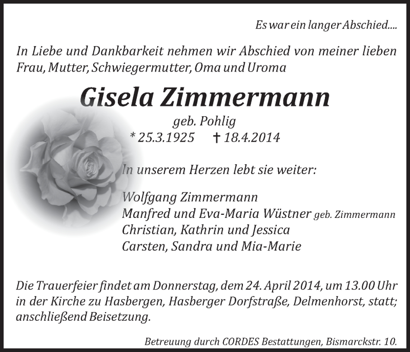 Traueranzeige von Gisela Zimmermann von WESER-KURIER