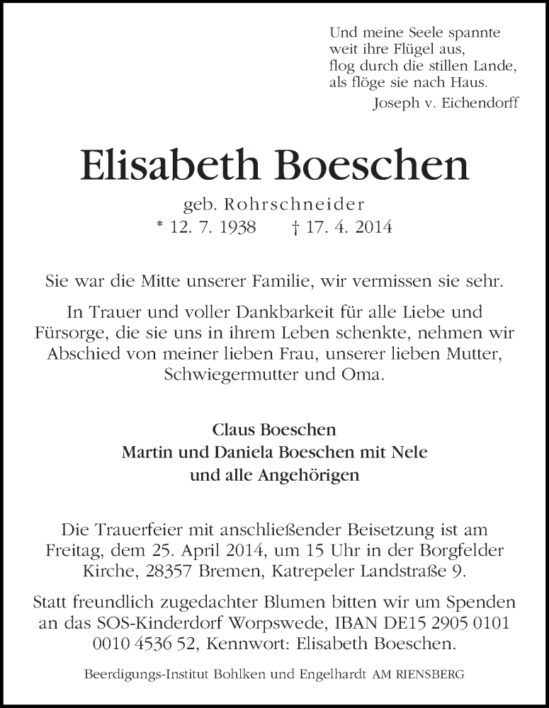 Traueranzeige von Elisabeth Boeschen von WESER-KURIER