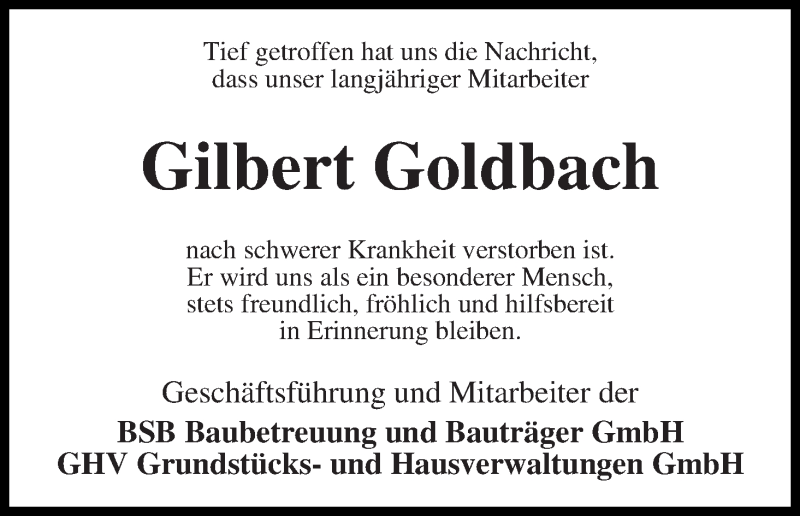 Traueranzeige von Gilbert Goldbach von Die Norddeutsche