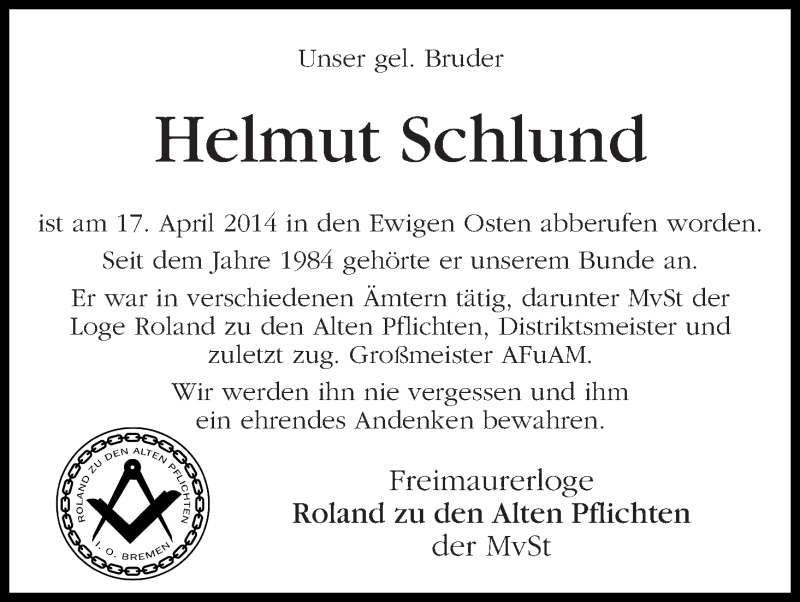 Traueranzeige von Helmut Schlund von WESER-KURIER