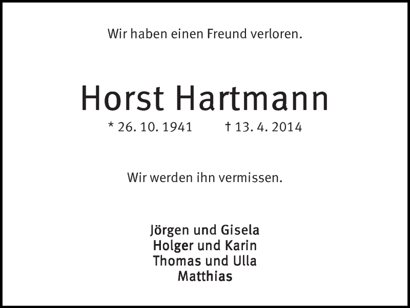 Traueranzeige von Horst Hartmann von WESER-KURIER