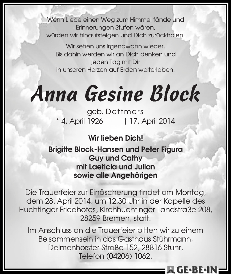 Traueranzeige von Anna Gesine Block von WESER-KURIER