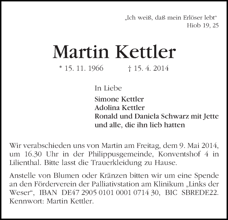Traueranzeige von Martin Kettler von WESER-KURIER