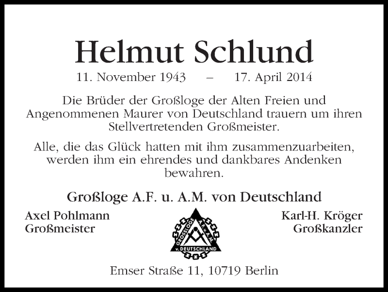 Traueranzeige von Helmut Schlund von WESER-KURIER