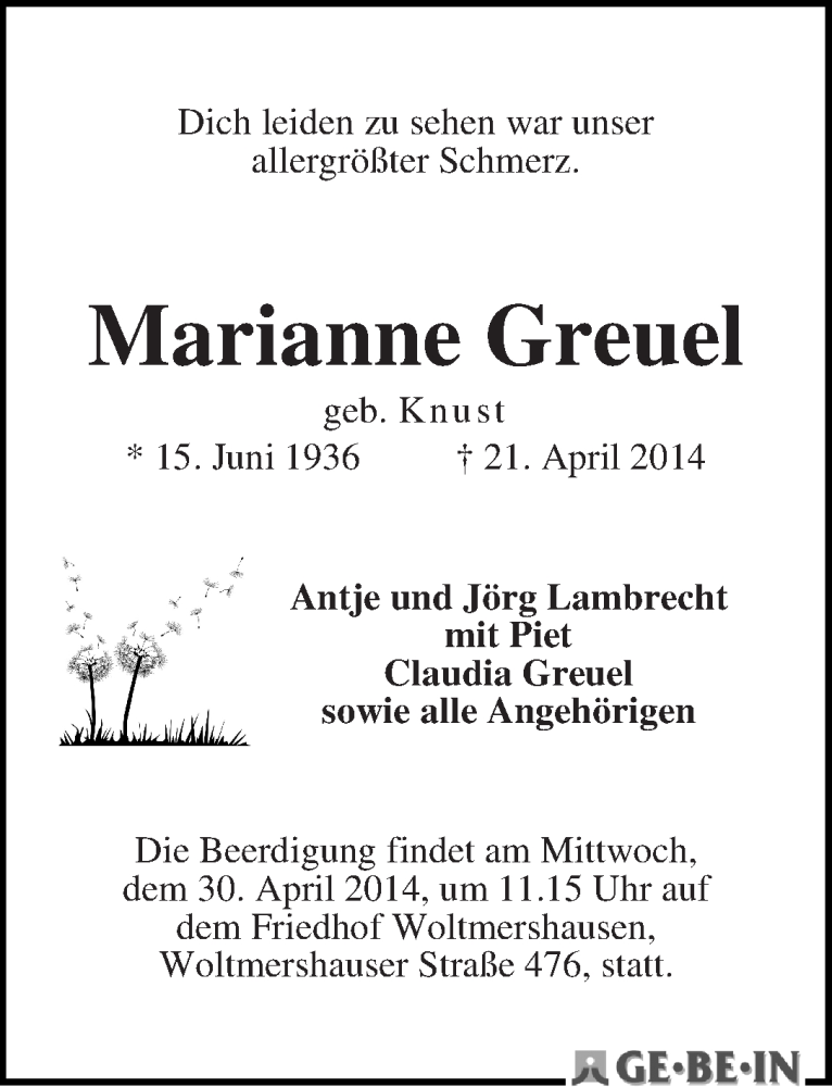 Traueranzeige von Marianne Greuel von WESER-KURIER