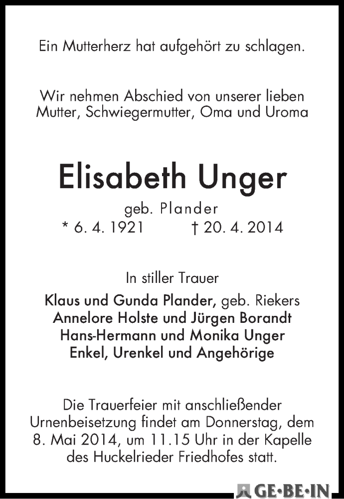 Traueranzeige von Elisabeth Unger von WESER-KURIER