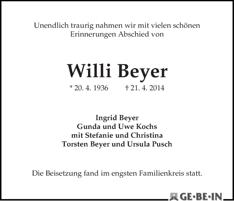 Traueranzeige von Willi Beyer von WESER-KURIER