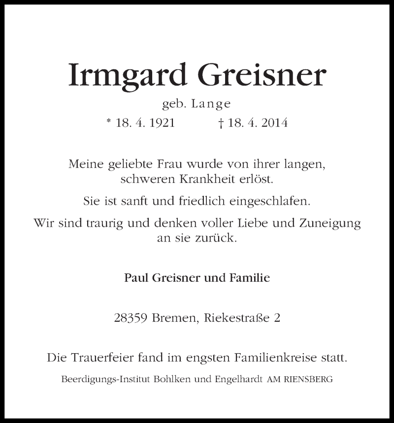 Traueranzeige von Irmgard Greisner von WESER-KURIER