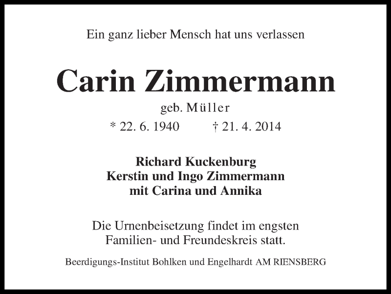 Traueranzeige von Carin Zimmermann von WESER-KURIER