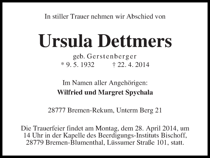 Traueranzeige von Ursula Dettmers von Die Norddeutsche