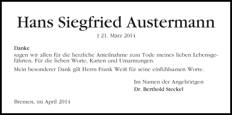 Traueranzeige von Hans Siegfried Austermann von WESER-KURIER