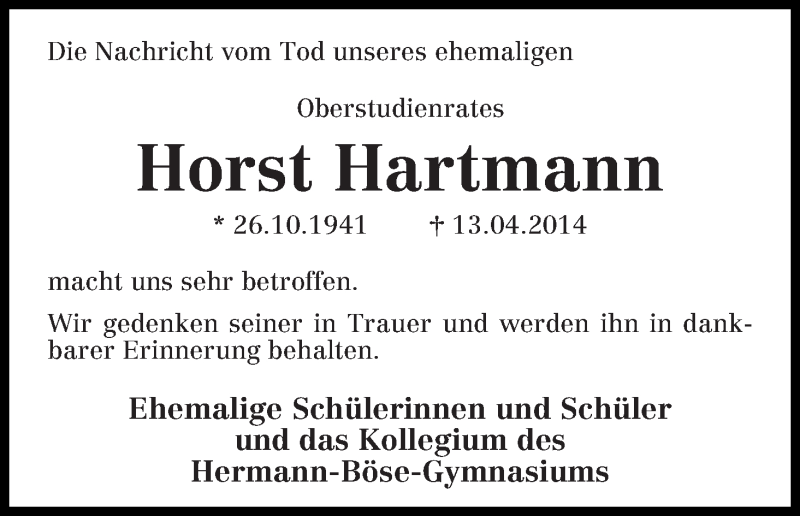 Traueranzeige von Horst Hartmann von WESER-KURIER