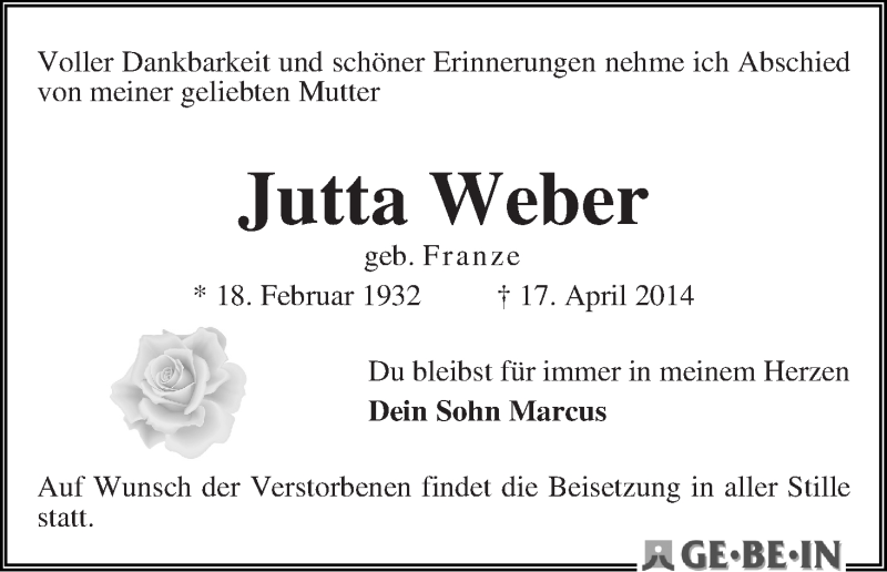 Traueranzeige von Jutta Weber von WESER-KURIER