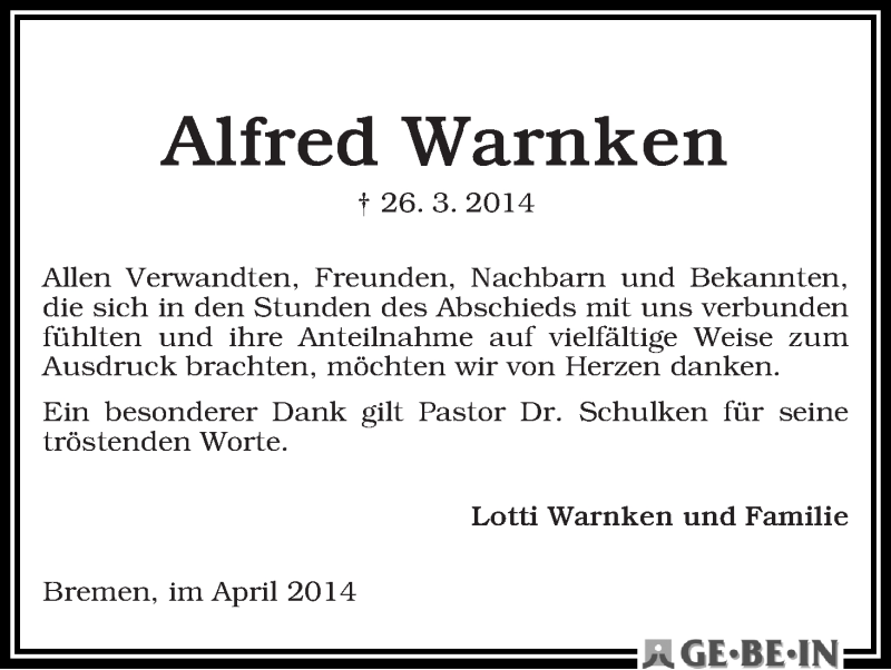 Traueranzeige von Alfred Warnken von WESER-KURIER