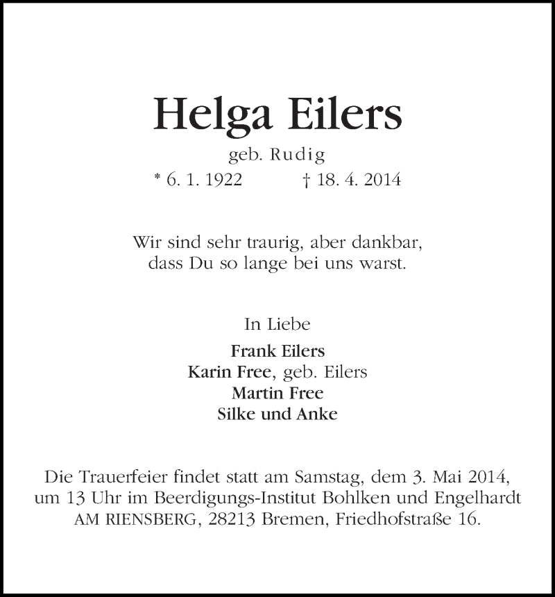 Traueranzeige von Helga Eilers von WESER-KURIER