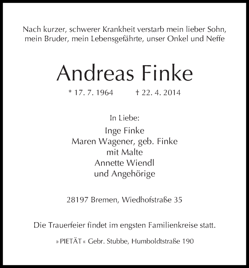 Traueranzeige von Andreas Finke von WESER-KURIER