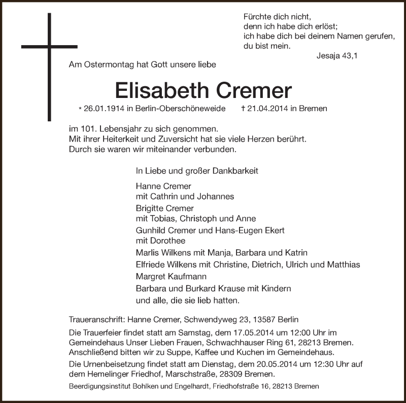 Traueranzeige von Elisabeth Cremer von WESER-KURIER