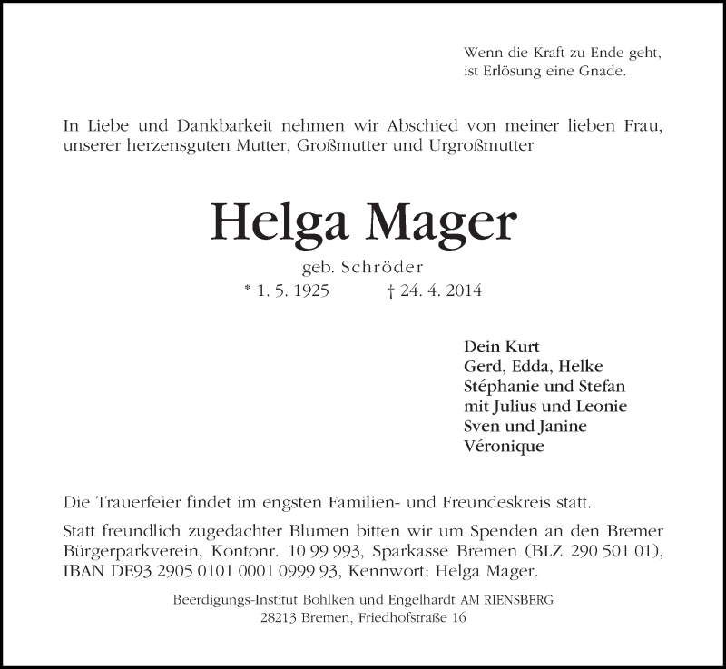 Traueranzeige von Helga Mager von WESER-KURIER