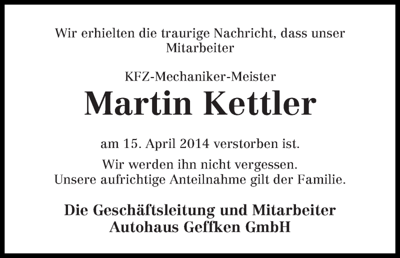 Traueranzeige von Martin Kettler von Wuemme Zeitung