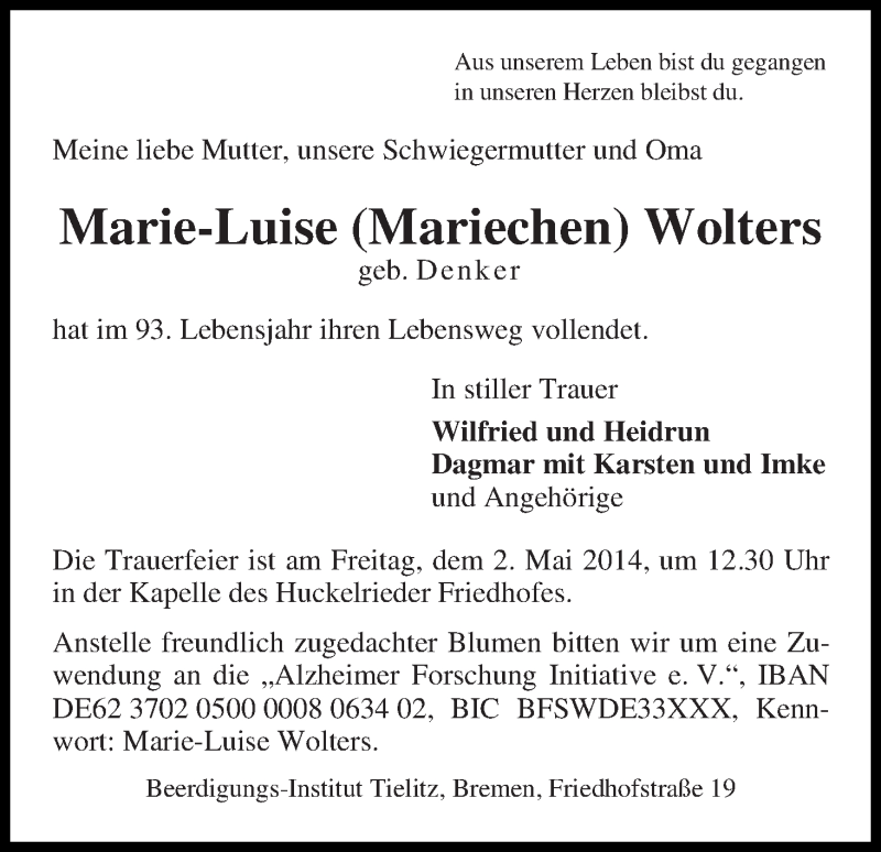 Traueranzeige von Marie-Luise (Mariechen) Wolters von WESER-KURIER