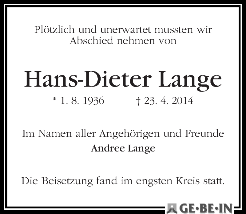 Traueranzeige von Hans-Dieter Lange von WESER-KURIER