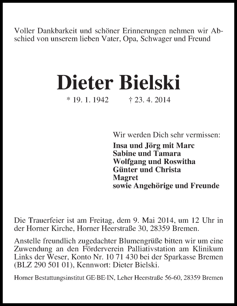 Traueranzeige von Dieter Bielski von WESER-KURIER