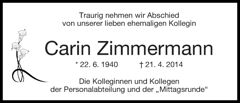 Traueranzeige von Carin Zimmermann von WESER-KURIER